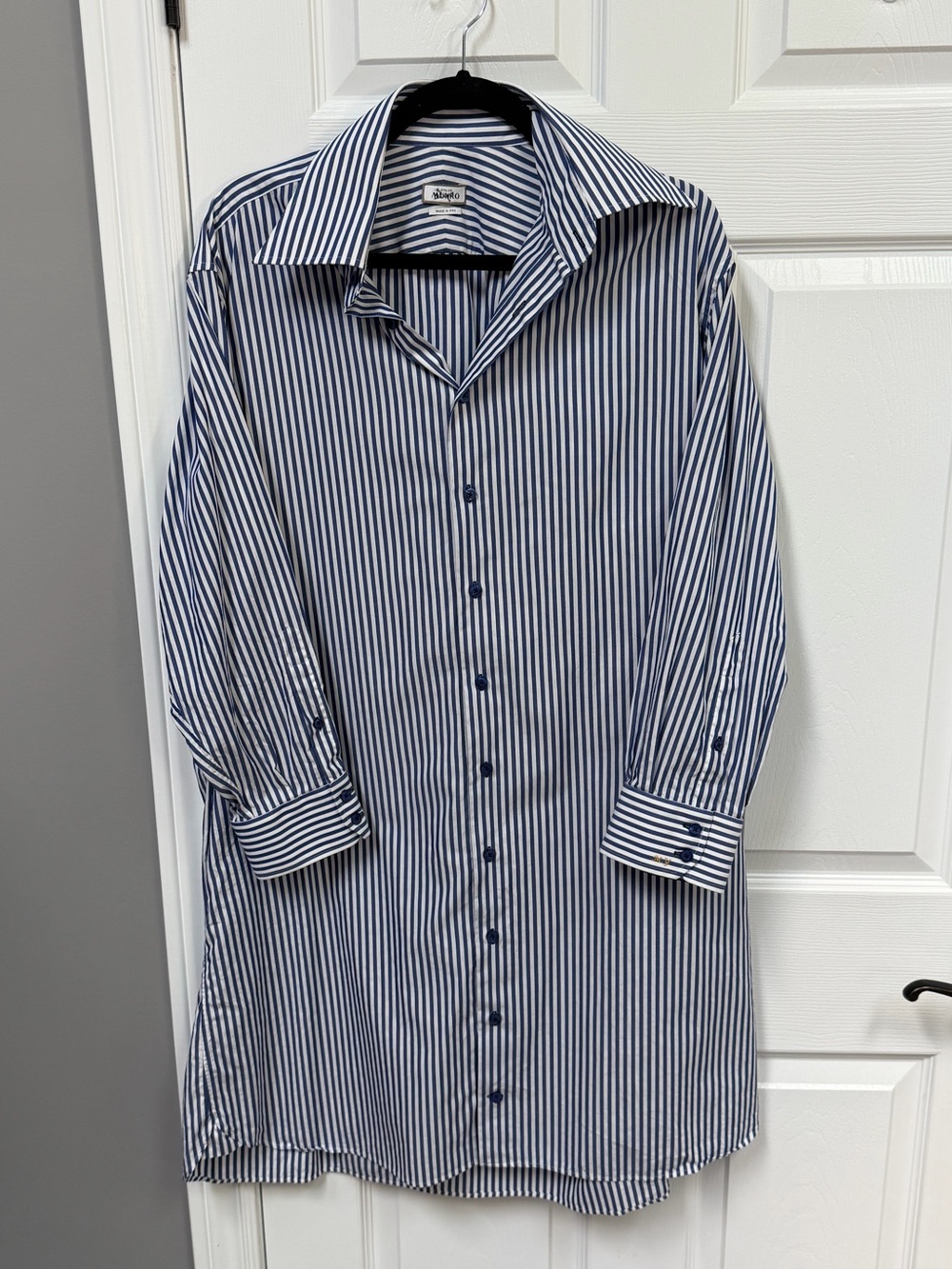 Striped Long-Sleeve Shirt Dress in Navy and White